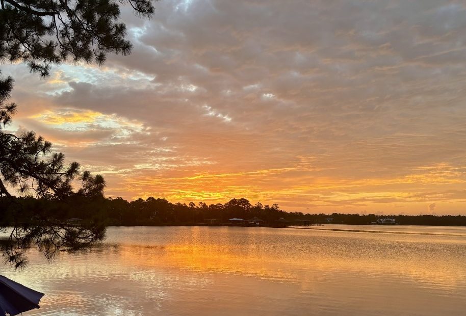 Vibrant orange sunset over Wolf Bay water with silhouetted trees and dock.