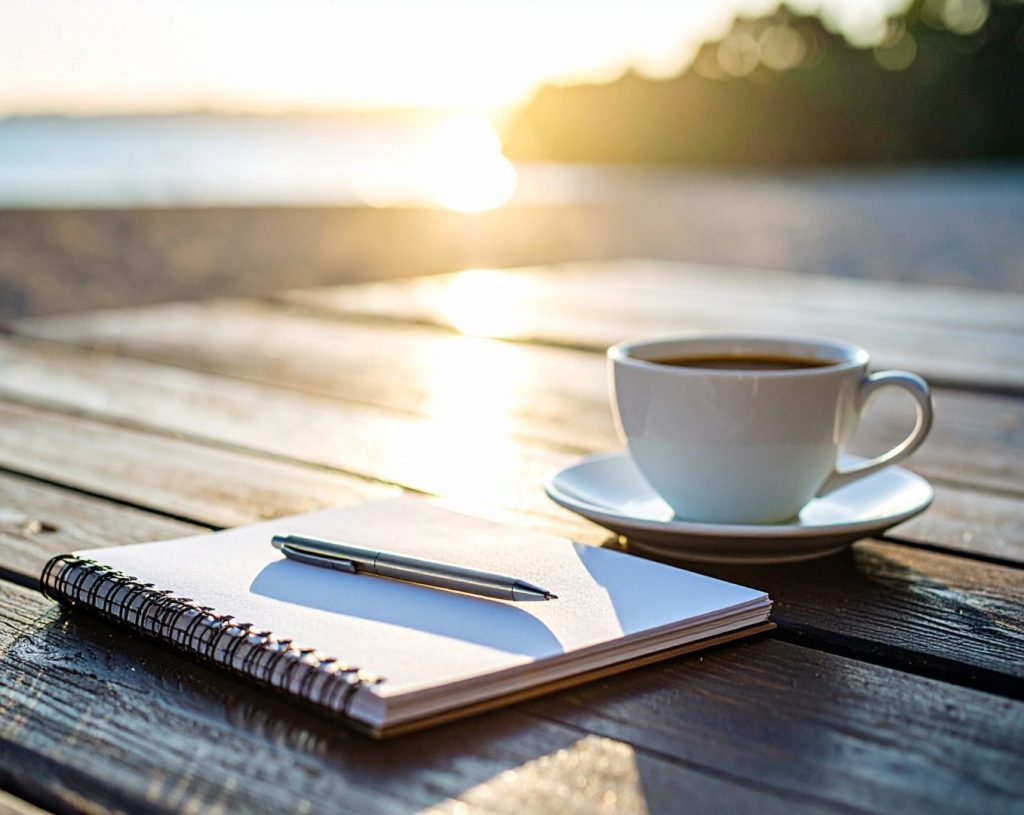 cup of coffee and journal with pen on a wooden table overlooking sunrise and water.